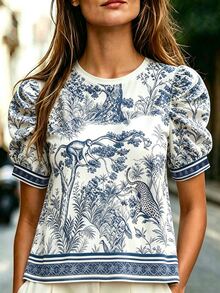 Selamara 女款 Toile De Jouy 印花泡泡袖上衣，復古動物圖案印花 T 恤，波希米亞風休閒圓領度假襯衫 - 彩色 - 查看 3