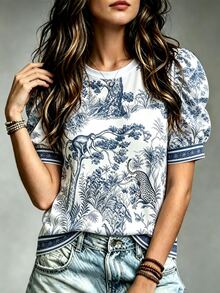 Selamara 女款 Toile De Jouy 印花泡泡袖上衣，復古動物圖案印花 T 恤，波希米亞風休閒圓領度假襯衫 - 彩色 - 查看 1