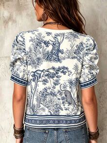 Selamara 女款 Toile De Jouy 印花泡泡袖上衣，復古動物圖案印花 T 恤，波希米亞風休閒圓領度假襯衫 - 彩色 - 查看 2