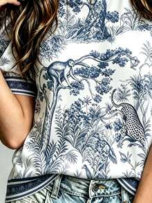 Selamara 女款 Toile De Jouy 印花泡泡袖上衣，復古動物圖案印花 T 恤，波希米亞風休閒圓領度假襯衫 - 彩色 - 查看 4