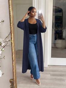 SHEIN Lady CURVE Jaket Kasual Serbaguna Ukuran Besar untuk Perjalanan Sehari-hari, Warna Polos, Musim Gugur - Biru - View 6