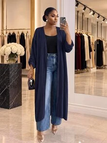 SHEIN Lady CURVE Jaket Kasual Serbaguna Ukuran Besar untuk Perjalanan Sehari-hari, Warna Polos, Musim Gugur - Biru - View 1