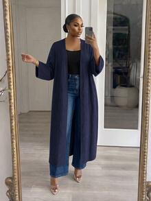 SHEIN Lady CURVE Jaket Kasual Serbaguna Ukuran Besar untuk Perjalanan Sehari-hari, Warna Polos, Musim Gugur - Biru - View 3