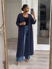 SHEIN Lady CURVE Jaket Kasual Serbaguna Ukuran Besar untuk Perjalanan Sehari-hari, Warna Polos, Musim Gugur - Biru - View 5