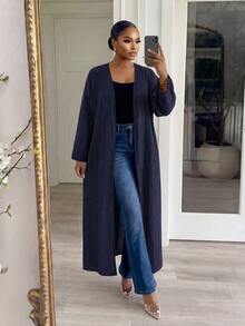 SHEIN Lady CURVE Jaket Kasual Serbaguna Ukuran Besar untuk Perjalanan Sehari-hari, Warna Polos, Musim Gugur - Biru - View 4