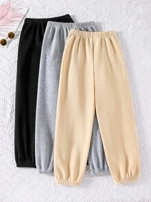 SHEIN Explorewe 青少年女孩長袖抓絨冬季純色休閒保守版寬鬆百搭日常穿著運動褲 3件組 假期校園運動 黑色灰色米色 - 彩色 - 查看 2
