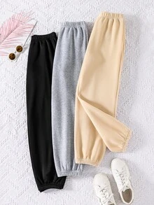 SHEIN Explorewe 青少年女孩長袖抓絨冬季純色休閒保守版寬鬆百搭日常穿著運動褲 3件組 假期校園運動 黑色灰色米色 - 彩色 - 查看 1
