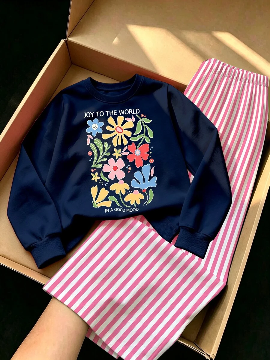 秋冬女童休閒清新彩色花卉圖案圓領衛衣+寬腿褲兩件套,度假花卉穿搭,美式藍色衛衣 - 彩色 - 查看 1