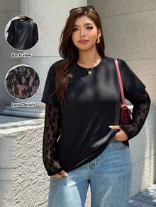 Easura Plus Size Round Neck Contrast Lace Casual T-Shirt - Black - View 10