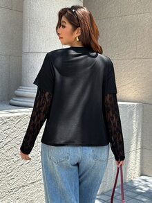 Easura Plus Size Round Neck Contrast Lace Casual T-Shirt - Black - View 2