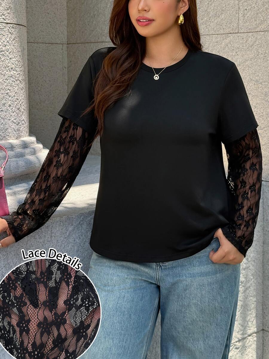 Easura Plus Size Round Neck Contrast Lace Casual T-Shirt - Black - View 1