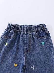 SHEIN 女童寬鬆直筒牛仔褲，彈性腰頭，深藍色水洗牛仔布配愛心刺繡，適合休閒牛仔西部風，夏季 - 深色水洗藍 - 查看 6