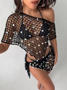 SHEIN Swim 女款純色不對稱肩亮片不對稱下擺罩衫上衣，黑色魚網性感熱帶風格海灘派對夏季穿搭 - 黑色 - 查看 3