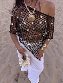 SHEIN Swim 女款純色不對稱肩亮片不對稱下擺罩衫上衣，黑色魚網性感熱帶風格海灘派對夏季穿搭 - 黑色 - 查看 1