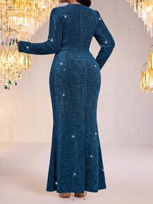 Fleurora Women's Plus Size Glamorous V-Neck Slit Long Sleeve Dress - Teal Blue - View 2