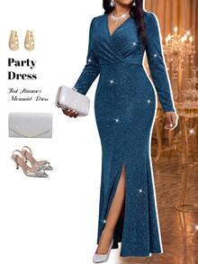 Fleurora Women's Plus Size Glamorous V-Neck Slit Long Sleeve Dress - Teal Blue - View 5