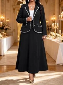 Fleurora Setelan Blazer dan Rok Panjang Elegan Ukuran Plus untuk Wanita dengan Hiasan Mutiara - Hitam - View 5