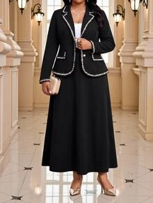 Fleurora Setelan Blazer dan Rok Panjang Elegan Ukuran Plus untuk Wanita dengan Hiasan Mutiara - Hitam - View 4