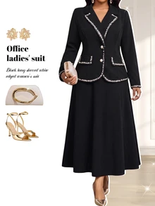 Fleurora Setelan Blazer dan Rok Panjang Elegan Ukuran Plus untuk Wanita dengan Hiasan Mutiara - Hitam - View 6