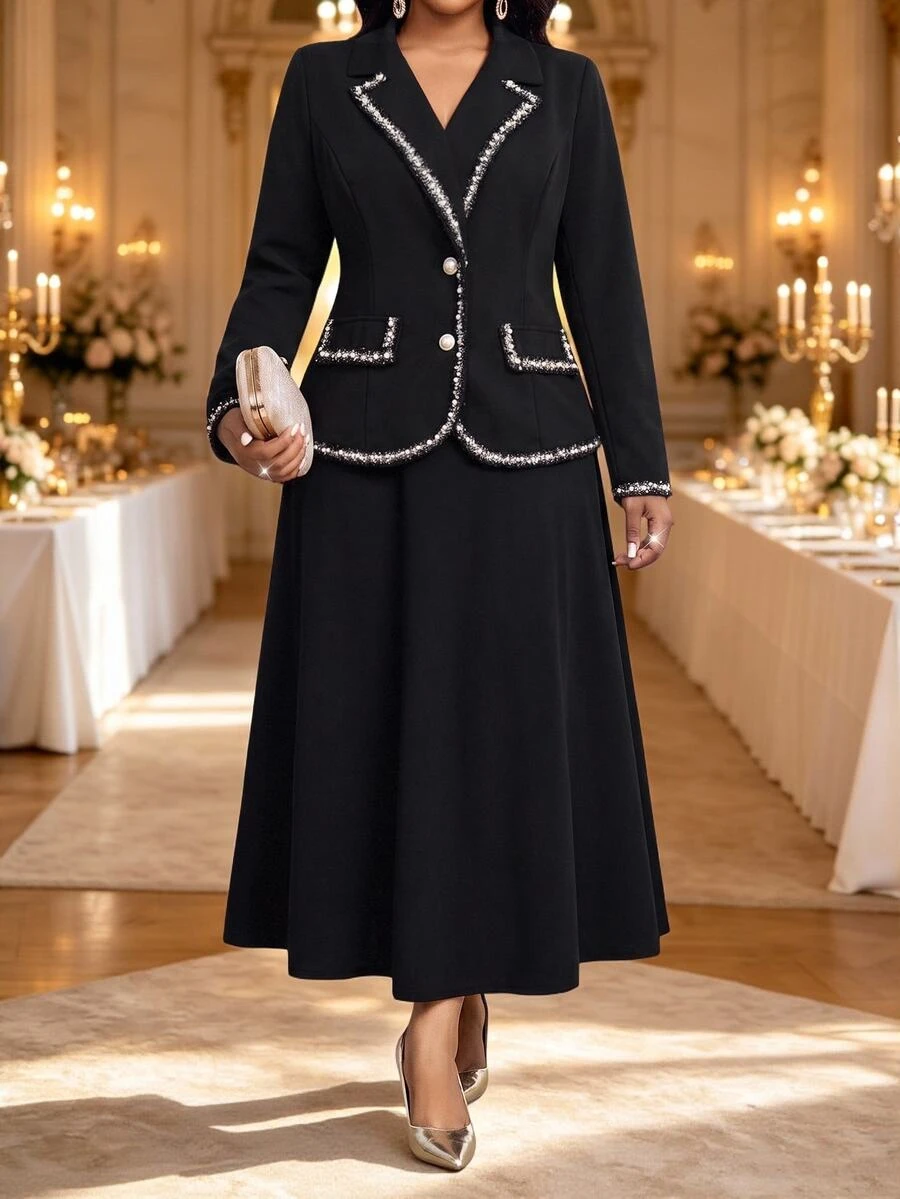 Fleurora Setelan Blazer dan Rok Panjang Elegan Ukuran Plus untuk Wanita dengan Hiasan Mutiara - Hitam - View 1