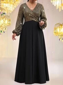 Fleurora Plus Size V-Neck Long Sleeve Ruched High Waist A-Line Dress - Multicolor - View 6
