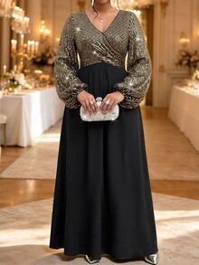 Fleurora Plus Size V-Neck Long Sleeve Ruched High Waist A-Line Dress - Multicolor - View 1
