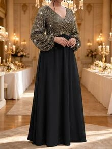 Fleurora Plus Size V-Neck Long Sleeve Ruched High Waist A-Line Dress - Multicolor - View 5