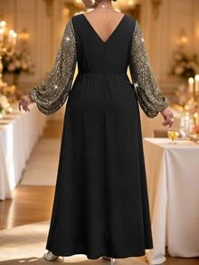 Fleurora Plus Size V-Neck Long Sleeve Ruched High Waist A-Line Dress - Multicolor - View 2