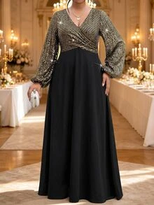 Fleurora Plus Size V-Neck Long Sleeve Ruched High Waist A-Line Dress - Multicolor - View 4