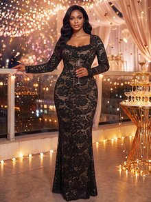 Fleurora Plus Size Elegant Exquisite Lace Long Sleeve Evening Dress - Baby Pink - View 6