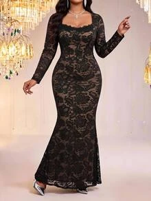 Fleurora Plus Size Elegant Exquisite Lace Long Sleeve Evening Dress - Baby Pink - View 7