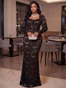 Fleurora Plus Size Elegant Exquisite Lace Long Sleeve Evening Dress - Baby Pink - View 8