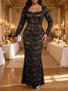 Fleurora Plus Size Elegant Exquisite Lace Long Sleeve Evening Dress - Baby Pink - View 1