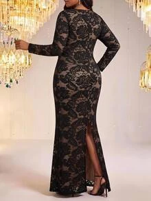 Fleurora Plus Size Elegant Exquisite Lace Long Sleeve Evening Dress - Baby Pink - View 2