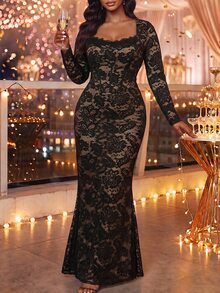 Fleurora Plus Size Elegant Exquisite Lace Long Sleeve Evening Dress - Baby Pink - View 4
