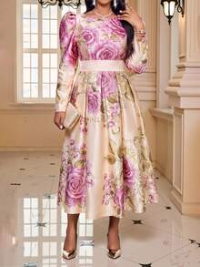 Fleurora Plus Size Women's Full Floral Print Cinched Waist Fashion Party Dress - Multicolor - View 3