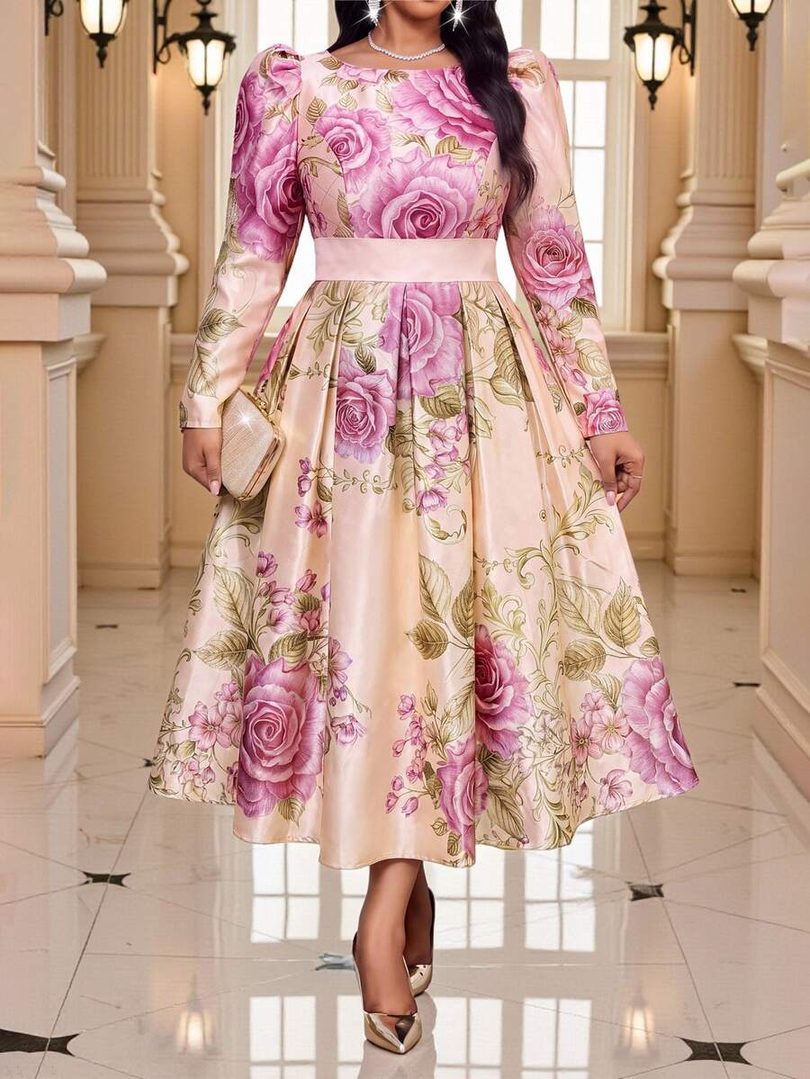 Fleurora Plus Size Women's Full Floral Print Cinched Waist Fashion Party Dress - Multicolor - View 1