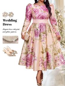 Fleurora Plus Size Women's Full Floral Print Cinched Waist Fashion Party Dress - Multicolor - View 7