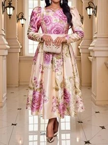 Fleurora Plus Size Women's Full Floral Print Cinched Waist Fashion Party Dress - Multicolor - View 6