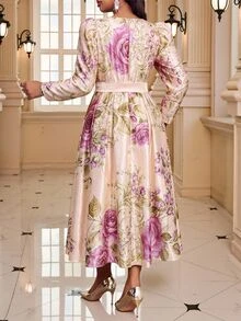 Fleurora Plus Size Women's Full Floral Print Cinched Waist Fashion Party Dress - Multicolor - View 2