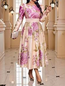 Fleurora Plus Size Women's Full Floral Print Cinched Waist Fashion Party Dress - Multicolor - View 5