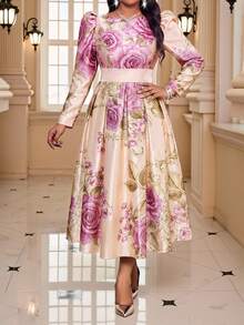 Fleurora Plus Size Women's Full Floral Print Cinched Waist Fashion Party Dress - Multicolor - View 4