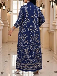 Fleurora Women's Plus Size Elegant Drawstring Pants And Floral Embroidered Long Sleeve Cover Up 2 Pieces Set - Navy Blue - View 2