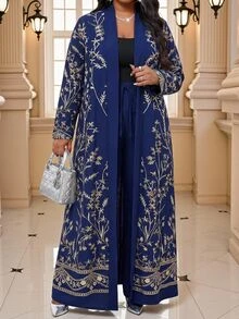 Fleurora Women's Plus Size Elegant Drawstring Pants And Floral Embroidered Long Sleeve Cover Up 2 Pieces Set - Navy Blue - View 3