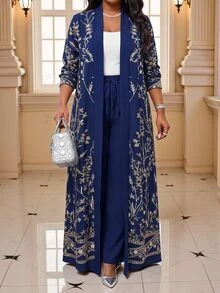 Fleurora Women's Plus Size Elegant Drawstring Pants And Floral Embroidered Long Sleeve Cover Up 2 Pieces Set - Navy Blue - View 1