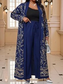 Fleurora Women's Plus Size Elegant Drawstring Pants And Floral Embroidered Long Sleeve Cover Up 2 Pieces Set - Navy Blue - View 5