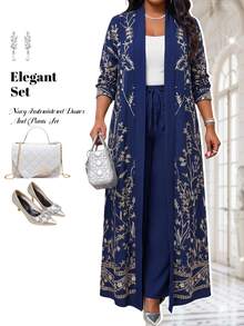 Fleurora Women's Plus Size Elegant Drawstring Pants And Floral Embroidered Long Sleeve Cover Up 2 Pieces Set - Navy Blue - View 7