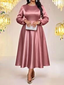 Fleurora  Spring And Summer Elegant Plus Size Long Sleeve A Line Dress Bishop Sleeve - Dusty Pink - View 4