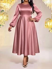 Fleurora  Spring And Summer Elegant Plus Size Long Sleeve A Line Dress Bishop Sleeve - Dusty Pink - View 3
