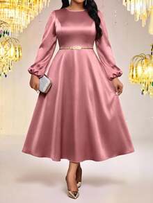 Fleurora  Spring And Summer Elegant Plus Size Long Sleeve A Line Dress Bishop Sleeve - Dusty Pink - View 1